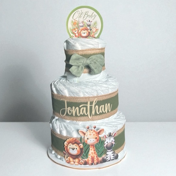 🦁 Personalized Safari Diaper Cake - 3 Tier | Baby Shower Centerpiece 🎁 - Picture 3 of 4